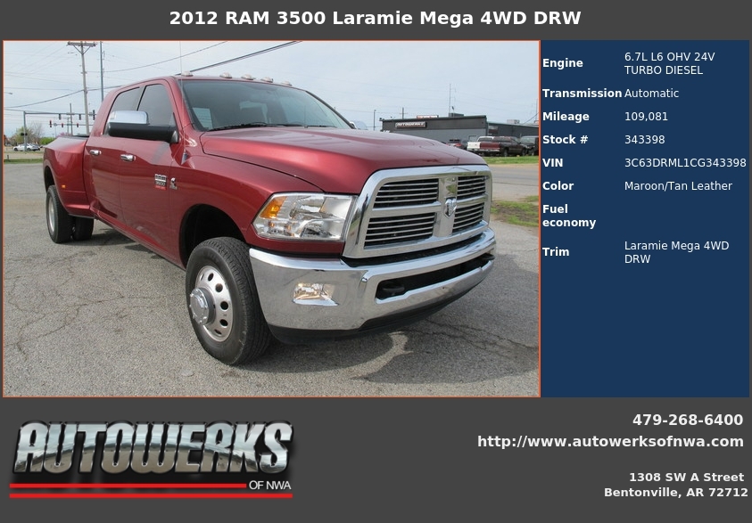 Autowerks of NWA Used 2012 Maroon RAM 3500 For Sale In Bentonville, AR 72712