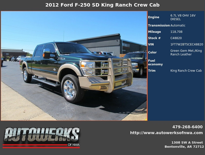 Autowerks of NWA Used 2012 Green Gem Met. Ford F250 SD For Sale In Bentonville, AR 72712