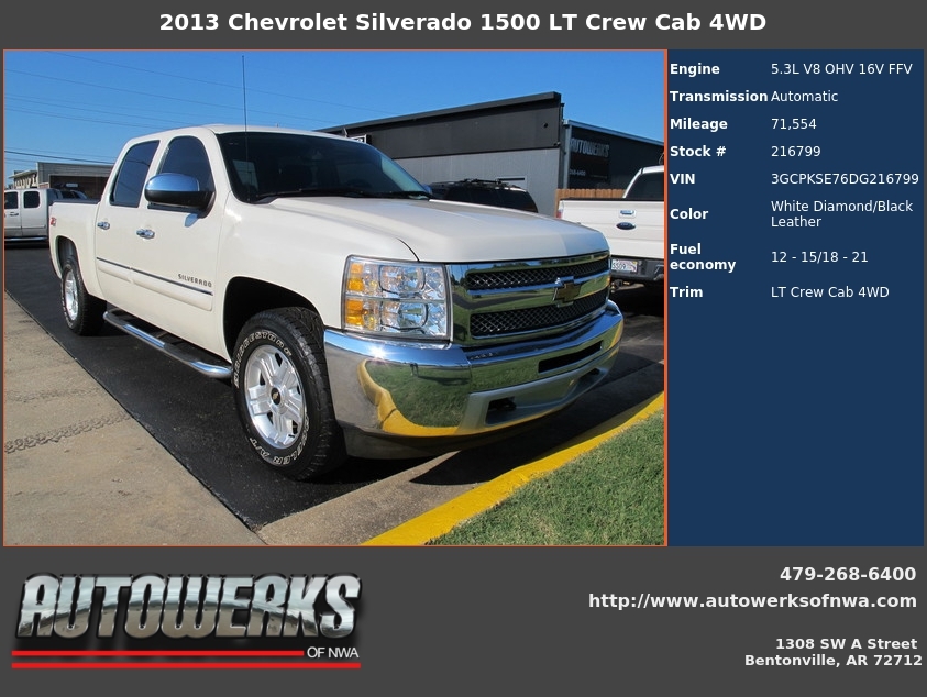 Autowerks of NWA Used 2013 White Diamond Chevrolet Silverado 1500 For Sale In Bentonville, AR