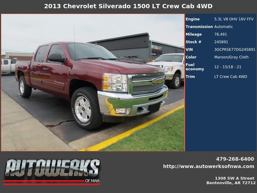 Autowerks of NWA Used 2013 Maroon Chevrolet Silverado 1500 For Sale In Bentonville, AR 72712