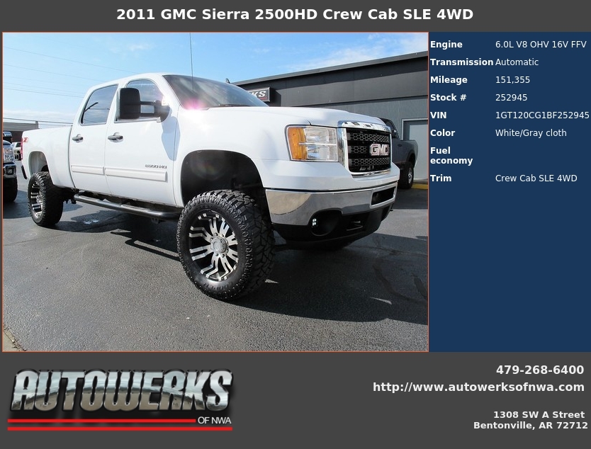 Autowerks of NWA Used 2011 White GMC Sierra 2500HD For Sale In Bentonville, AR 72712