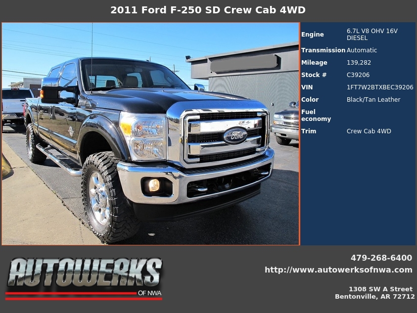 Autowerks of NWA Used 2011 Black Ford F250 SD For Sale In Bentonville, AR 72712