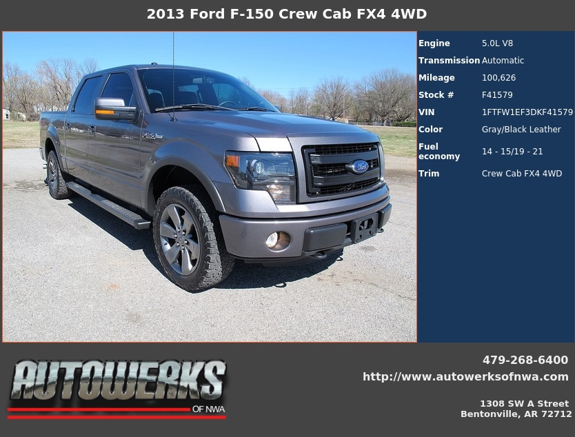 Autowerks of NWA Used 2013 Dk. Gray Metallic Ford F150 For Sale In Bentonville, AR 72712