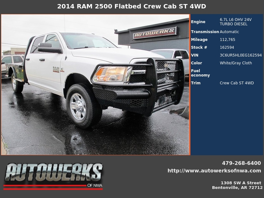 Autowerks of NWA Used 2014 White RAM 2500 Flatbed For Sale In Bentonville, AR 72712
