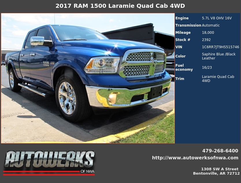 Autowerks of NWA Used 2017 Saphire Blue RAM 1500 For Sale In Bentonville, AR 72712