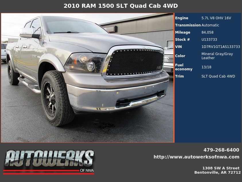 Autowerks of NWA Used 2010 Mineral Gray Met. RAM 1500 For Sale In Bentonville, AR 72712
