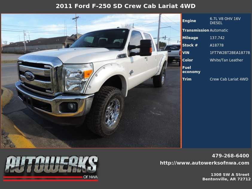 Autowerks of NWA Used 2011 White Ford F250 SD For Sale In Bentonville, AR 72712