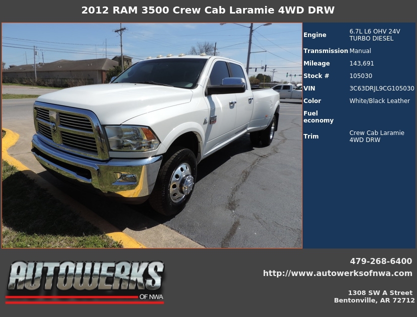 Autowerks of NWA Used 2012 White RAM 3500 For Sale In Bentonville, AR 72712
