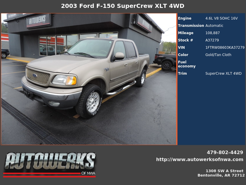 Autowerks of NWA Used 2003 Gold Ford F150 For Sale In Bentonville, AR 72712